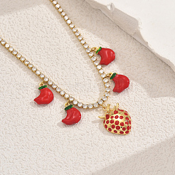 Sweetheart Design Brass Pave Clear Cubic Zirconia Tennis Chain Strawberry Banana Pendant Bib Necklaces for Women&nbsp;GI1549