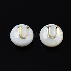 天然淡水シェルビーズ  金メッキ真鍮エッチング金属装飾付き  アルファベット付きフラットラウンド  貝殻色  文字.u  6x4mm  穴：0.8mm&nbsp;SHEL-S278-036U