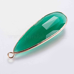 ガラスチャーム  真鍮のパーツと  多面カット  ティアドロップ  ゴールドカラー  グリーン  43x14x5.5mm  穴：2mm&nbsp;GLAA-G056-01D