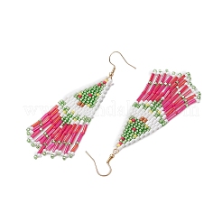 クリスマスツリーガラスシードビーズタッセルダングルイヤリング（女性用）  ゴールドカラー  ダークシーグリーン  85x23mm&nbsp;EJEW-MZ00207
