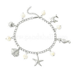 Ocean Natural Pearl & 304 Stainless Steel Starfish Sea Horse Shell Shape Charm Anklets for Women&nbsp;AJEW-AN00826-02