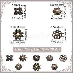 チベットスタイルの合金製フラワービーズキャップ240個、8つのスタイル  アンティークブロンズ  7~9x2~4mm  穴：1~2mm  30個/スタイル&nbsp;FIND-SP0001-65