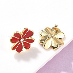 花真鍮エナメルスタッドのピアス  18KGP本金メッキ  レッド  17x17mm&nbsp;EJEW-C177-01G-01