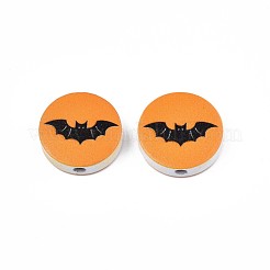 ハロウィンプリント天然木ビーズ  バット模様のフラットラウンド  ダークオレンジ  19~20x5.9mm  穴：2~2.2mm&nbsp;WOOD-T021-72