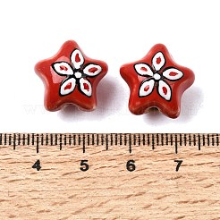手作りの陶器ビーズ  花とスター  手描き  ファミーユは磁器バラ  レッド  15~15.5x16~16.5x12.5~13mm  穴：2mm&nbsp;PR-C001-02L