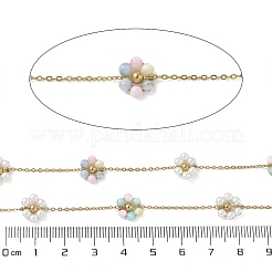 304ステンレススチールアズキチェーン  花  貝パールとABSイミテーションパール付き  イオンプレーティング（ip）  18KGP本金メッキ  ハンダ付け  スプールで  カラフル  8.5x9.5x3.5mm  約32.81フィート（10m）/ロール&nbsp;CHS-K018-24G-05