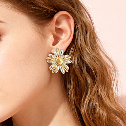 女性用304ステンレススチールスタッドピアス  花  ゴールデン＆シルバー  25.2x25.2mm&nbsp;WG0A8D7-01