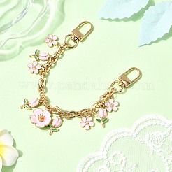 合金エナメルピンクの花のチャーム亜鉛合金アズキチェーンバッグ装飾チェーン  回転式ナスカン付き  ライトゴールド  210mm&nbsp;AJEW-BA00163