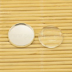 真鍮のカボションのセッティングとフラットラウンド無色透明ガラスカボション  カドミウムフリー＆鉛フリー  銀色のメッキ  トレイ：18mm  ガラス：18x4ミリ&nbsp;KK-X0009-S-RS