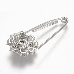 真鍮マイクロパヴェキュービックジルコニア安全ブローチ  花  透明  プラチナ  58x24mm  ピン：1.5mm&nbsp;X-JEWB-I010-08P