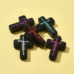 5個5色シリコンビーズ  ワードイエスと交差  ブラック  30x22x8mm  穴：2.5mm  1pc /カラー&nbsp;SIL-FS0001-06B