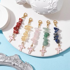 5Pcs 5 Style Natural Mixed Gemstone Chips & Alloy Enamel Cross Pendant Decorations&nbsp;HJEW-JM01793-S