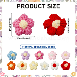 55 個 11 色かぎ針編みフラワーアップリケ  コンピュータ刺繍布パッチ  マスクと衣装のアクセサリー  ミシンクラフト装飾  ミックスカラー  36x37x6.5mm  5個/カラー&nbsp;FIND-ME0002-37