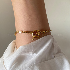 304 Stainless Steel & Plastic Pearl Link Chain Bracelets&nbsp;WG2486F-01