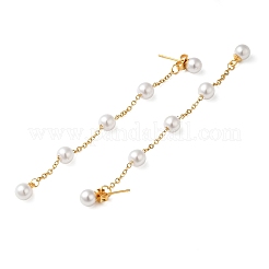 304ステンレススチールとプラスチックパールスタッドダングルイヤリング  ラウンド  ゴールドカラー  90x6mm&nbsp;EJEW-Q386-02B-G