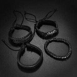 4Pcs 4 Styles Bat Alloy & Wood & Wax Cord & Imitation Leather Braided Bead Bracelets & Stretch Bracelets for Men&nbsp;FS-WG50DFD-01