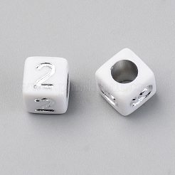 PVD真空メッキアクリルビーズ  長持ちメッキ  不透明な  番号の立方体  ホワイト  銀メッキ  6x6x6mm  穴：3.5mm  2900個/ 500g&nbsp;PACR-T010-004S