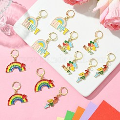 合金エナメルペンダントステッチマーカー  かぎ針編みレバーバックフープチャーム  ロッキングステッチマーカー、ワイングラスチャームリング付き  ハート/言葉ハッピーの虹  ミックスカラー  3.3~3.8cm  4スタイル  3個/スタイル  12個/セット&nbsp;HJEW-AB00345