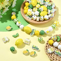 レモンをテーマにしたプリントの木製ビーズ  混合図形  9~24.5x12.5~24x4.5~19.5mm  穴：1.8~5mm  100個/セット&nbsp;WOOD-CJ0002-75