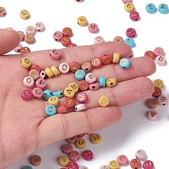 不透明な混合色のアクリルビーズ  ライン入り  ランダムな文字でフラットラウンド  黄金メッキ  7x4mm  穴：1.8mm  約3700個/500g&nbsp;MACR-Q242-011A