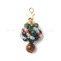 Faceted Round Natural Green Onyx Agate(Dyed & Heated) & Fuchsite & Glass Seed Beaded Christmas Tree Pendants&nbsp;PALLOY-MZ00806