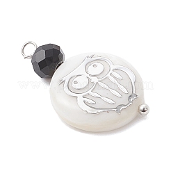 4Pcs 4 Styles Natural Shell & Black Glass Flat Round Pendants&nbsp;PALLOY-JF04290