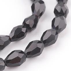 ガラスビーズ連売り  多面カット  ティアドロップ  ブラック  6x4mm  穴：1mm  約65~68個/連  14.96~15.35インチ&nbsp;GLAA-R024-6x4mm-13