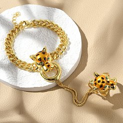 真鍮マイクロパヴェキュービックジルコニアミトンブレスレット  女性用カーブチェーンジュエリー  ヒョウ  18KGP本金メッキ  170mm&nbsp;BJEW-C085-01G