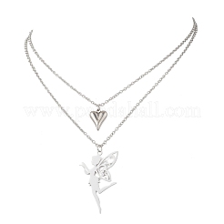 Stainless Steel Fairy and Heart Pendant 304 Stainless Steel Cable Chain Double Layer Necklaces for Women&nbsp;NJEW-JN05810-02