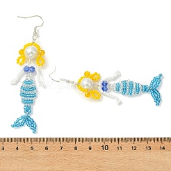 銅線とガラスビーズのぶら下がりピアス  人魚  ベーキングペイント、ガラスパール、丸ビーズ  プラチナ  ブルー  88x24.5mm&nbsp;EJEW-MZ00816-03