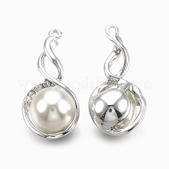 合金ペンダント  ラインストーンとABS樹脂の模造パール付き  クリスタル  乳白色  銀  26.5x13x12mm  穴：1mm&nbsp;PALLOY-S065-14