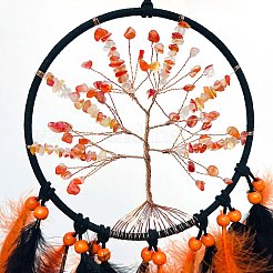 生命の木を編んだ網/羽根飾りの付いたウェブ  鉄のパーツと  ハロウィーンの吊り飾り  オレンジ  730mm&nbsp;PW-WG35A45-01