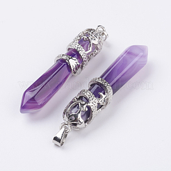 ナチュラル縞瑪瑙/バンド付きメノウ大きな尖ったペンダント  合金パーツ  多面カット  弾丸  プラチナ  59~63x11~12mm  穴：4x7mm&nbsp;G-G738-A-31