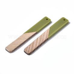 樹脂と木の大きなペンダント  ツートン  長方形  オリーブ  52x7.5x3.5mm  穴：2mm&nbsp;RESI-T035-19-A02