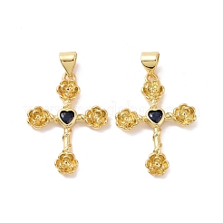 Cross with Flower Brass Micro Pave Cubic Zirconia Pendants&nbsp;KK-G435-06G-03