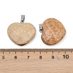 天然石ピクチャージャスパーペンダント  多面カットハートチャーム  鉄製のベール付き  プラチナ  21.5~22.5x23~23.5x9~10mm  穴：2.5x7~7.5mm&nbsp;G-A281-02P-10
