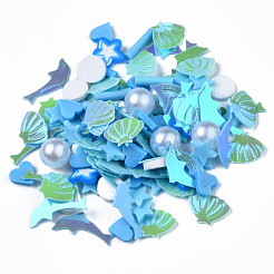 手作り樹脂クレイカボション  ファッションネイルアートデコレーションアクセサリー  プラスチックとABSプラスチック模造真珠ビーズ付き  混合図形  ミディアムシーグリーン  2~12x1.5~8x0.5~6mm&nbsp;CLAY-N006-87