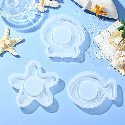 海の動物をテーマにした3種類のスタイルのキャンドルスティックシリコン型3個  貝殻の形とヒトデと魚  ホワイト  11.5~12.1x9.3~12.3x2.3cm&nbsp;ST-CJ0043-075