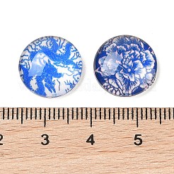 青と​​白の花​​の印刷されたガラスカボション  半円/ドーム  スチールブルー  14x5mm&nbsp;GGLA-A002-14mm-XX