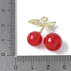 チェリー不透明樹脂 3D フルーツペンダント  合金グリーンエナメル葉付き  ゴールドカラー  ファイヤーブリック  23.5x24.5x11.5mm  穴：2.3mm&nbsp;RESI-V002-03A