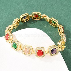 Square Brass Micro Pave Clear Cubic Zirconia and Glass Link Chain Bracelets&nbsp;BJEW-T025-04G-02
