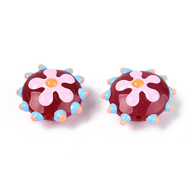 手作りランプワークビーズ  花付き凸凹したフラットラウンド  ブラウン  18.5~20x10~11mm  穴：1mm&nbsp;LAMP-T023-25D-1