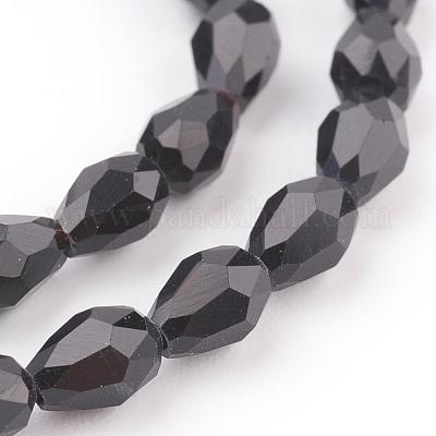 ガラスビーズ連売り  多面カット  ティアドロップ  ブラック  6x4mm  穴：1mm  約65~68個/連  14.96~15.35インチ&nbsp;GLAA-R024-6x4mm-13-1