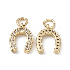 Brass Micro Pave Cubic Zirconia Charms, Cadmium Free & Nickel Free & Lead Free, with Jump Ring, Horseshoe Charms, Real 18K Gold Plated, 13x10x3mm, Hole: 3mm