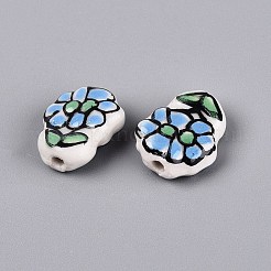 ハンドメイドの磁器セラミックビーズ  手描き  花  ファミーユスタイルバラ  空色  15~17x13~14x6~7mm  穴：1.8~2mm&nbsp;PORC-Q005-08D