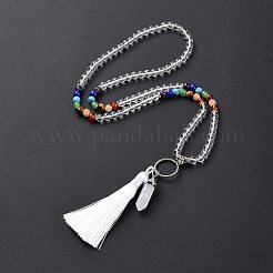 Natural Quartz Crystal Bullet & Tassel Pendant Necklace with Mixed Gemstone Beaded Chains&nbsp;NJEW-E585-02G