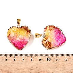 ライトゴールド真鍮ガラスペンダント  鉄パーツ  ハート  フクシア  31x29.5~30x12.5~13mm  穴：7x4mm&nbsp;GLAA-N001-24B