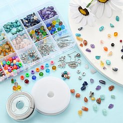 DIYジュエリーセット製作キット  天然および合成の混合石チップビーズを含む  ガラス＆プラスチック＆アクリルラインストーンビーズ  合金ペンダント  304ステンレススチールピンと丸カン  アイアン製ピアスフック  亜鉛合金の留め金  伸縮性のある糸  ミックスカラー  ジェムストーンチップビーズ：80g /セット&nbsp;DIY-FS0001-92