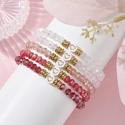 5 個のガラス & 真鍮 & アクリルビーズストレッチブレスレットセット  重ね付けできるハートのブレスレット  ファイヤーブリック  内径：2-1/8インチ（5.4cm）&nbsp;BJEW-JB09677-02