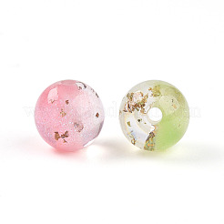 ツートン透明樹脂ビーズ  ラウンド  キラキラパウダー＆金箔付き  ミックスカラー  9.5~10mm  穴：1.8~2mm&nbsp;RESI-N042-10mm-12